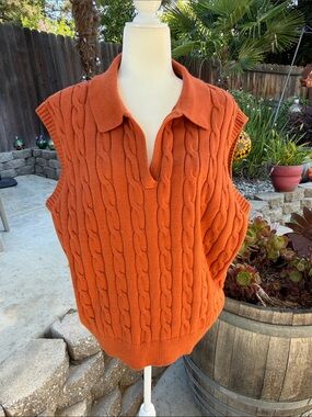 Cable-Knit Sleeveless Polo Sweater Vest - Orange
